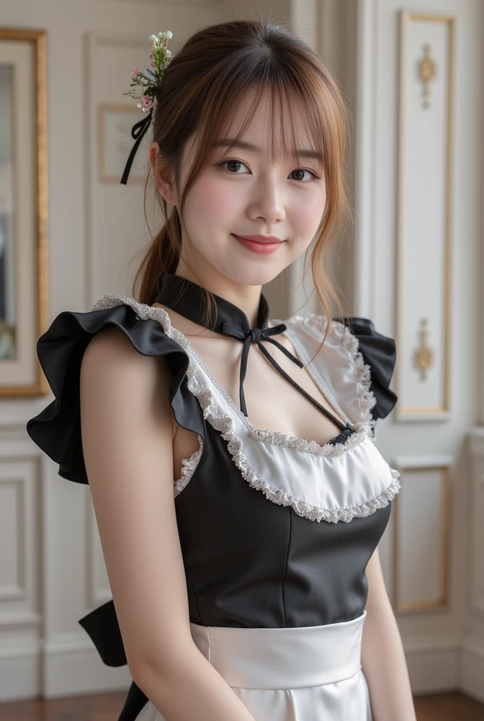 (8K、RAW Photos、Highest quality、masterpiece:1.2)、(Realistic、Realistic)、1 Girl、((Maid Costume:1.2、Thin legs、whole body、View from the front、smile、Looking into the camera、Hold your skirt with both hands and show me your black panties))、cute