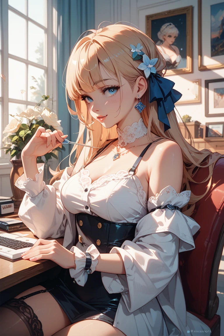 (8k, CRU photo, best qualityer, work of art:1.2), (realisitic, photo-realisitic:1.37), ultra detali,
1 girl,cute, standing alone,beautiful detailed sky,detailed coffee,natta,sitting down,falling in love,(Blushing Nose),(ssmile:1.1),(cloused mouth),breasts big, seductive ssmile, big apartment, professional lighting, Sony A7R4, Zessie 50mm F1.8,, holding bag in front of waist:1.5,mole under the eye:1.2 medium breasts,beautiful detailed eyes,(white sexy blouse:1.1), butterfly necktie, jeans,(shorth hair:1.2),floating hair