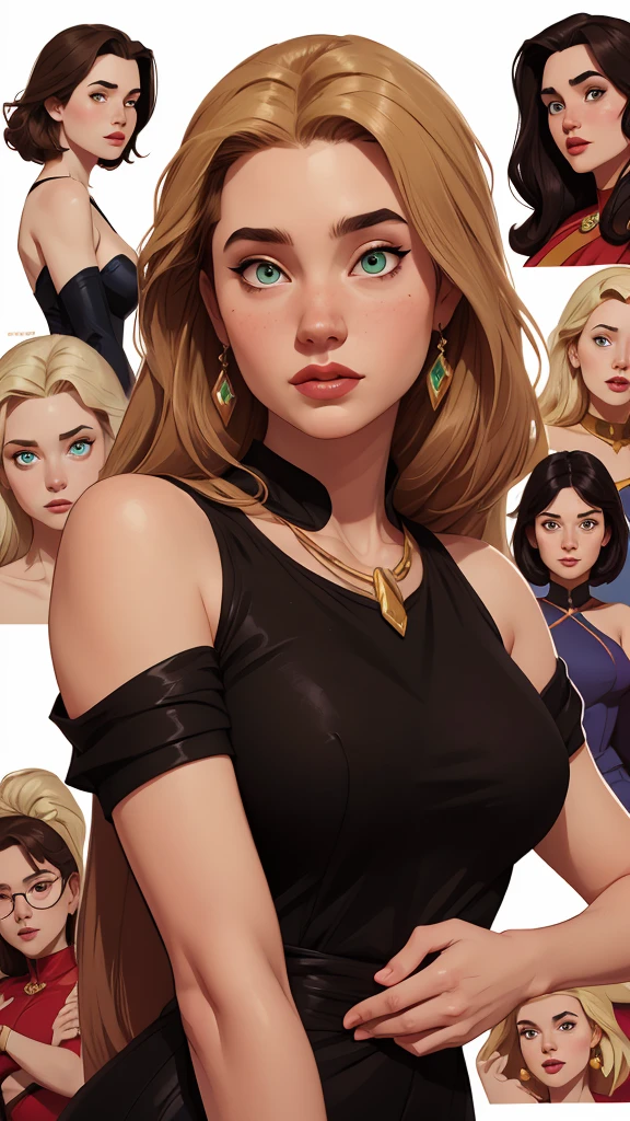 three big blonde girls with huge breasts very realistic, visage magnifique 