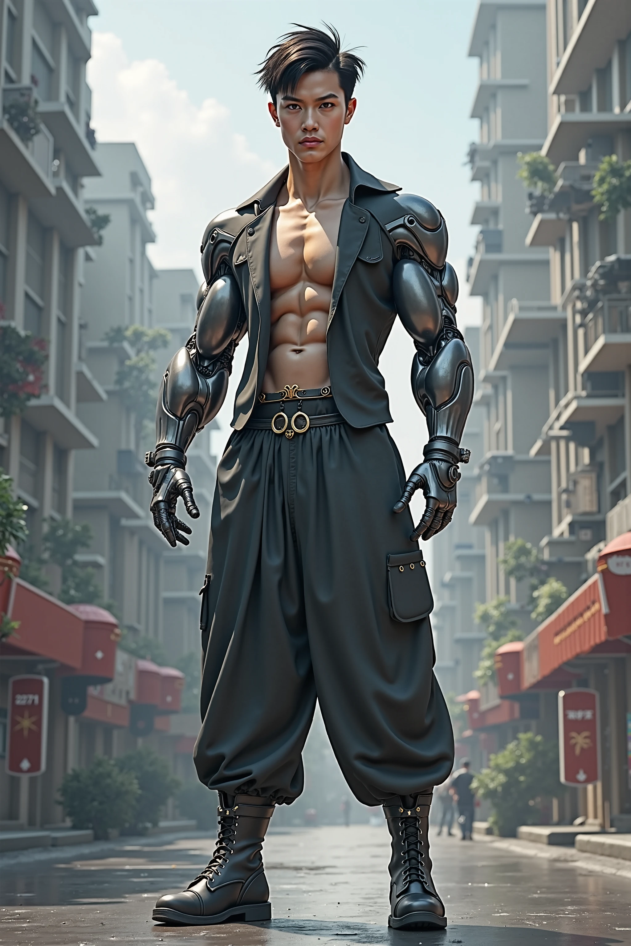 Full body of a young handsome man in a strong, confident pose, He is viewed from left side behind, with his head turned over his shoulder to look back at the viewer. The man holds a katana with one hand resting on his shoulder, while the other arm is relaxed by his side. The man thighis big and muscleser. He is standing on a rooftop in cyber city and neon lights hit him. He is wearing a high knee boots and medical glasses and tight top
