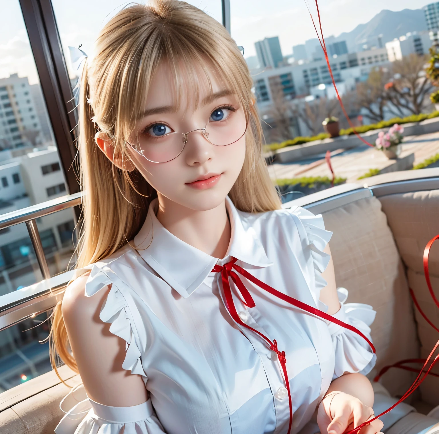 8K quality, pictures, Two beautiful men and beautiful women, Beautiful like a goddess, people are hazy at the Great Library, above chest shot at the ruins, (White blouse with red thin string ribbon tie:1.2), (Fine silver glasses), (Sparkling, beautiful light blue eyes and blond hair:1.2), Hair flying in the wind, Whitening skin like white porcelain, Half Up with Bangs, On the roof, extremely beautiful eyes, real,