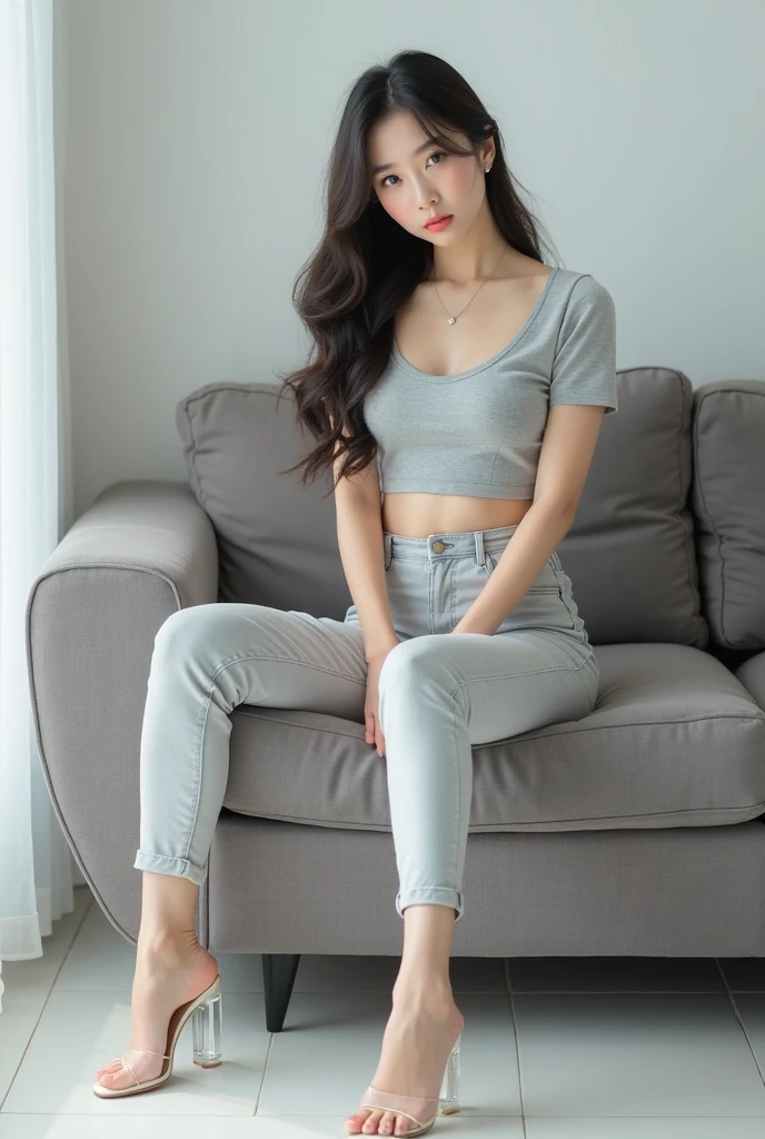 ((Best picture quality, 8K, tmasterpiece:1.3))，((1个Giant Breast Girl))，Long hair with a shawl，Ultra-fine face，A detailed eye，ssmile，Small chest，Slender abs，The butt is upturned，((grey vest，Gray trousers，Gray sneakers，The legs are long and thin，Lying on the sofa，Behind the sofa are curtains))，