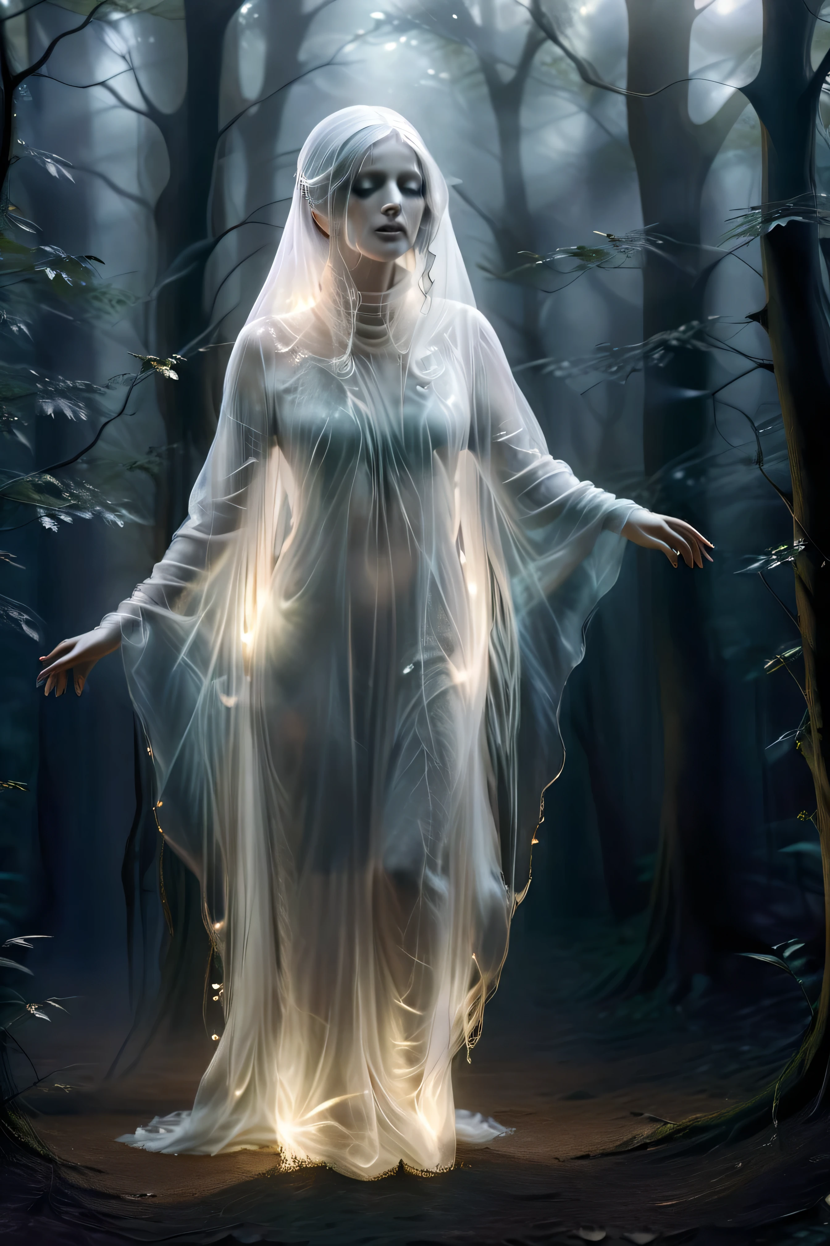(masterpiece), (8k), (best quality), (sublime), a Ghost, haunting, ethereal, fey, a celestial organism, liminal, death, alive again, wispy, transparent, sentient, pale, blank face, black inside hood, arms up, feminine, body stretched elongated bending and poised, silvery smoke, wispy strands of moon silver, translucent silk, opalescent sky, elongated, poise, exuding enchanting glow, emanating an aura, delicacy, youth, moonlight, night, pure magic, in a dark foggy enchanted Forest (celestial), (lighting), (evocative), (surreal), (unreal), (strange)