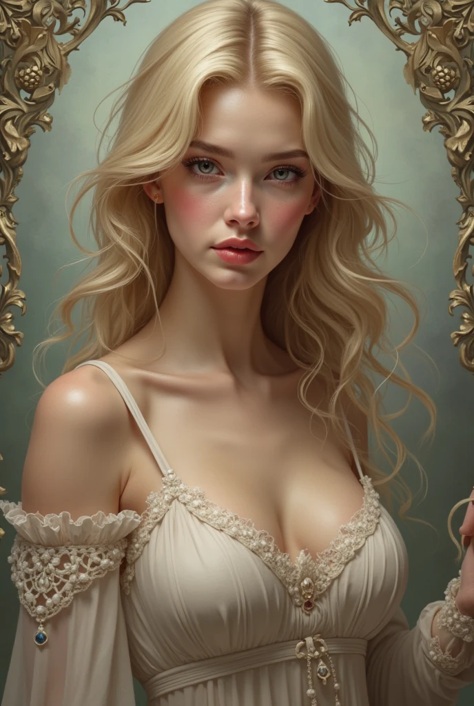 ((artwork)), (Best Quality) photorrealistic , secretary, beautiful woman, good humor, top-less ,beautiful round breasts, big breasts, camisa e saia estilo secretary sexy,micro panties , nice legs, glasses Show your neck, bare shoulders ,show navel, large eyes, far, Thick Eyelashes, full lips, dark red eyes, blond hair far and thick, short black hair, Intricate designs and patterns in the style of Alphonse Mucha ,Art Nouveau watercolor painting