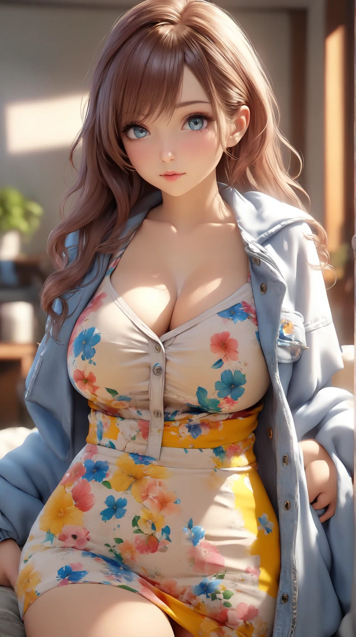((Highest quality)), ((masterpiece)), (detailed), One Girl,(Knee-length),Cosplay,whole body,Big Breasts,Underbust,White tops,(White knitwear),(Denim skirt),Shoulder Bare,22-year-old woman,Naughty look),(Loose perm),((Excited expression)),Browsing Caution,nswf Japanese,(attractive appearance),atmosphere,rotor,blush,Fishnet tights,night,slouch,(A woman peering in),nurse,hospital
