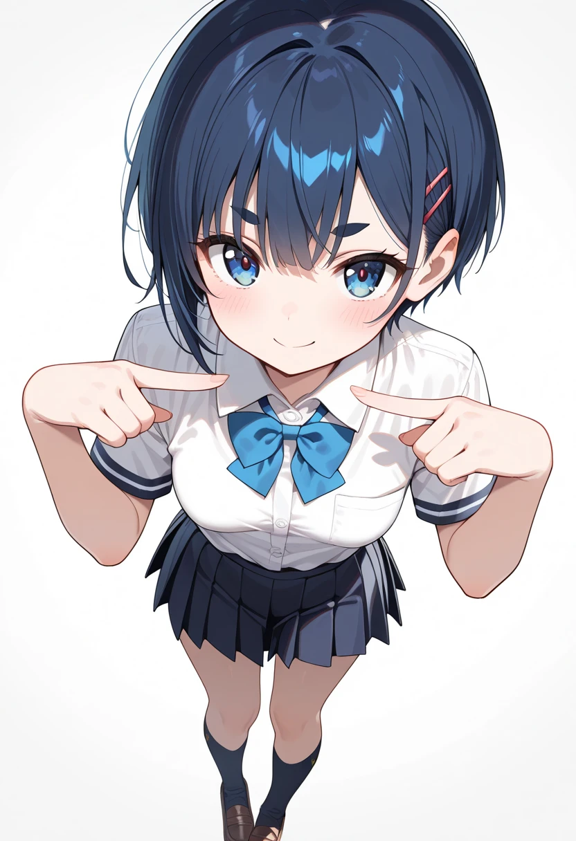 masterpiece, best quality, solo, ,
short hair, blue hair, straight hair, blue eyes, white shirt, falda corta open mouth, bowtie, large breasts, button gap, blank eyes,
blue sky, wind,