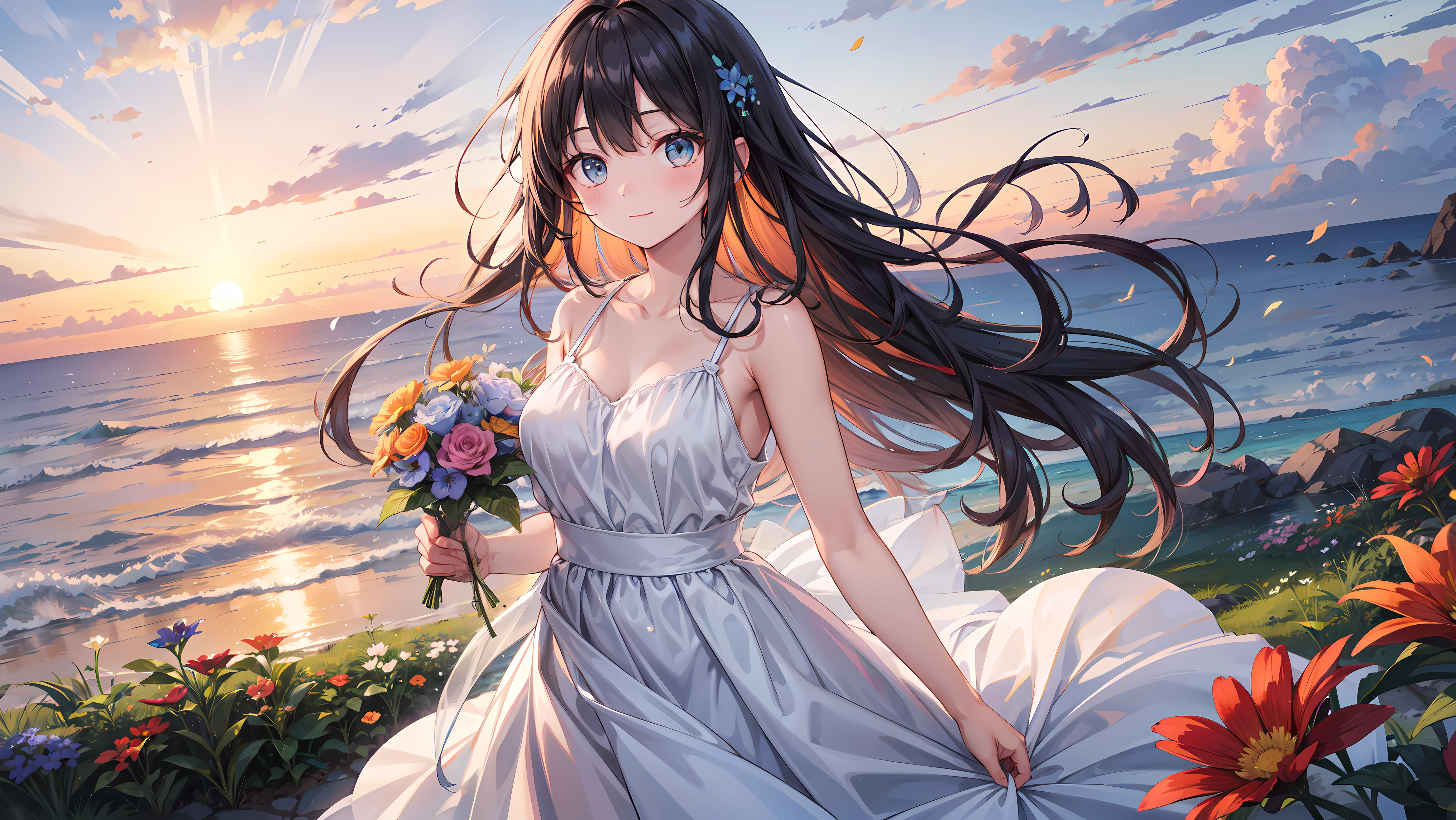 highest quality, (Ultra-high definition 4K), (Ultra High Resolution 8K), Photorealistic, Bright colors, High-definition facial beauty, Beautiful Hair, ((Lip gloss)), (Big and ample breasts), pretty girl, Standing model, Holding a bouquet of red flowers in both hands, Diamond Necklace, Lavender violet dress with beaded embroidery, (Beautiful sandy beach), sunlight, Gentle breeze, (Soft lighting, Rendered), Moderate: oil, 35mm f/1.8, Photographed with Sony FE GM