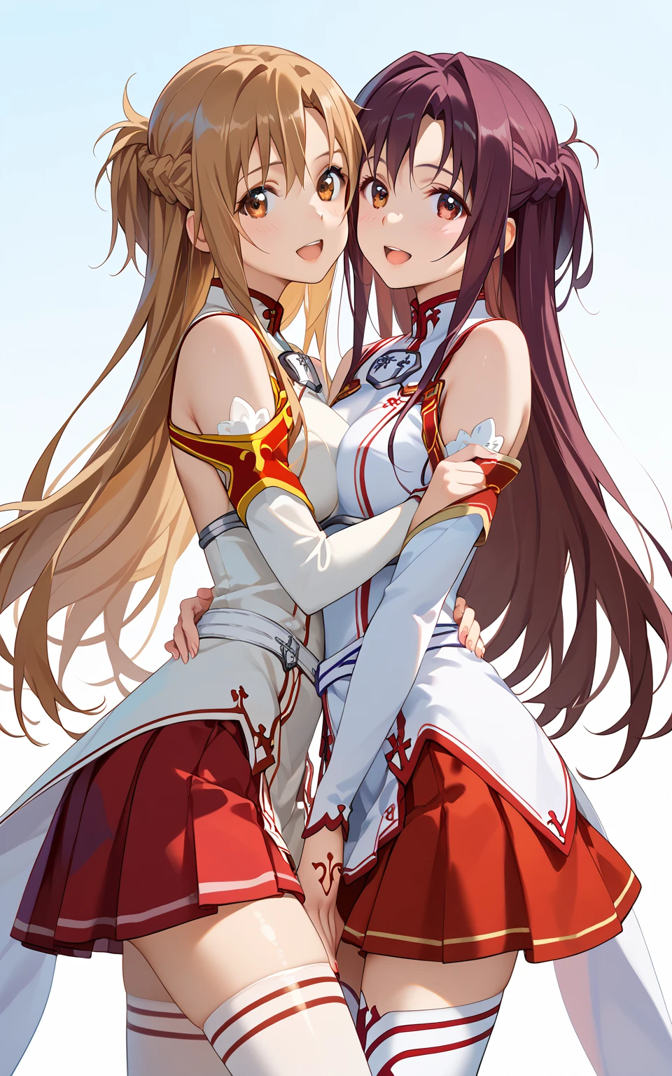 asunayuuki, asuna yuuki, long hair, brown hair,  skirt, thighhighs, bare shoulders, detached sleeves, armor, white thighhighs, breastplate, bed, bedroom, looking at viewer, close-up, from below