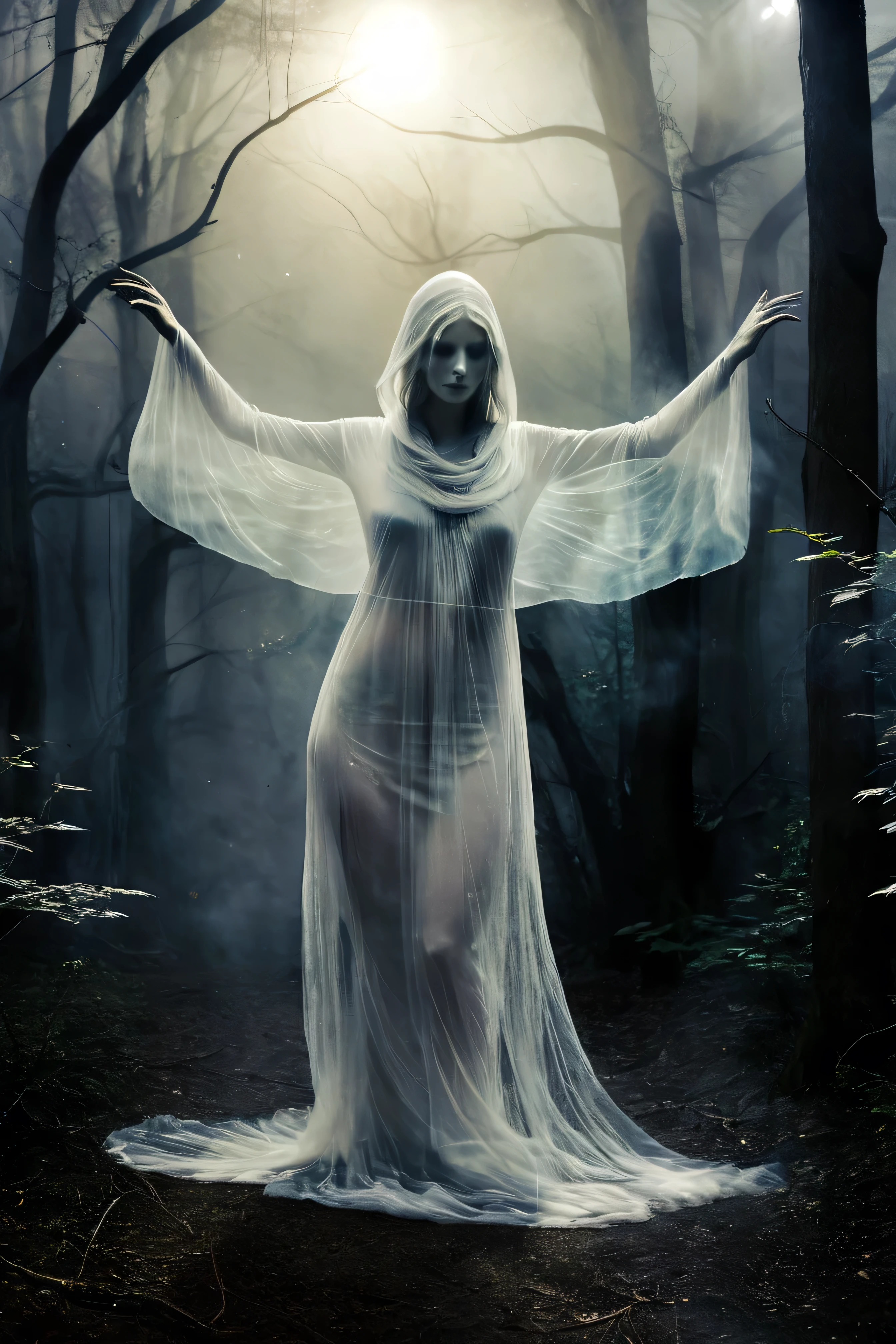 (masterpiece), (8k), (best quality), (sublime), a Ghost, haunting, ethereal, fey, a celestial organism, liminal, death, alive again, wispy, transparent, sentient, pale, blank face, black inside hood, arms up, feminine, body stretched elongated bending and poised, silvery smoke, wispy strands of moon silver, translucent silk, opalescent sky, elongated, poise, exuding enchanting glow, emanating an aura, delicacy, youth, moonlight, night, pure magic, in a dark foggy enchanted Forest (celestial), (lighting), (evocative), (surreal), (unreal), (strange)