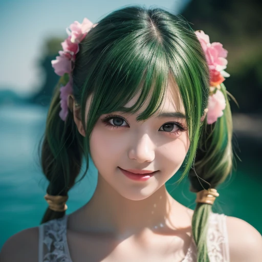 1 girl, alone, hair ornament, green hair, twin tails, long hair, dress, water,, Medium Range Portraits ,, Dark fantasy background , charming smile., Ultra Realistic、Extremely detailed and intricate 、Analogue Style Photographs ,Sharp Focus on Eyes , Cinematic Text ,, , , high definition, high definition, 8k