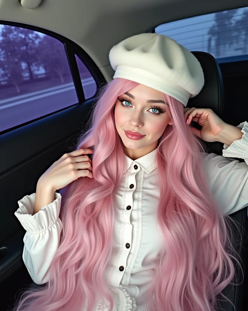 Woman, long curly hair, pink hair, blue eyes, at the airport, holding a suitcase,Smile
