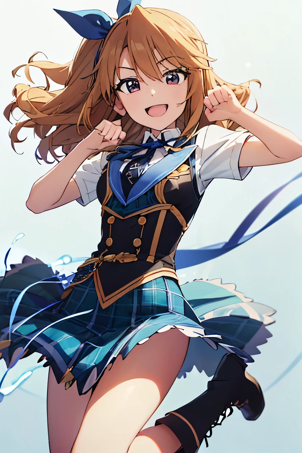 An energetic anime-style girl with medium-length, wavy, light brown hair tied with a blue ribbon. She wears a lively idol-style outfit with a blue plaid vest, a white and gold-trimmed jacket, and dark blue showgirl skirts with crisscross patterns on the sides. A large blue ribbon decorates her chest. She wears matching blue socks with white stripes and brown lace-up boots. Her expression is cheerful and confident, with a wide smile and sparkling eyes. She is posed dynamically, as if mid-run or about to jump, with one fist clenched forward. The background is clean and minimalistic, emphasizing her vibrant presence. simple background.