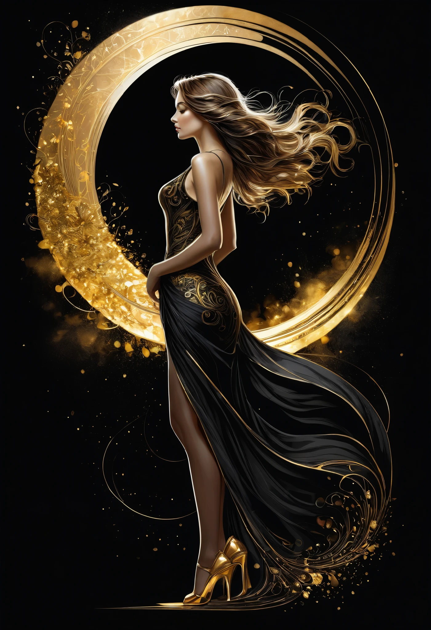 Poster, Full body, Shadow art, red outline drawing on a dark black background, red light from behind, Red outline silhouette, flowing hair, "(silhouette of a beautiful (young) woman), ideal physique, slender graceful forms, charming modesty , (shy) perfection in [stylish] bodycon black silk dress, 8k resolution, full body" Side View, Shadows, Mysterious, style of Jean Baptiste Monge, Thomas Kinkade, David Palumbo, Carne Griffiths.
golden patterns, golden and black spirit, liquid gold explosion, golden smoke magic, star dust, golden milky way, black background, magic fog, alcohol ink,