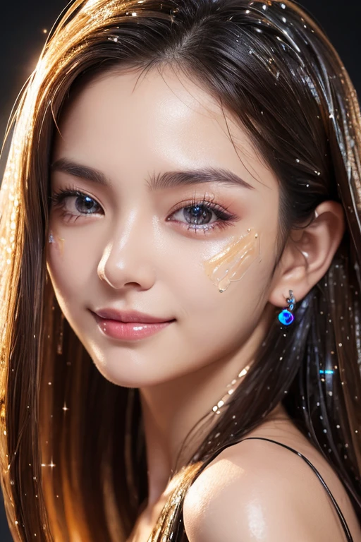 a beautiful young woman with a bright smile, detailed eyes, and long eyelashes, particle effects floating around her, streaming colorful liquid, wearing a fantasy-style outfit that showcases her large breasts, in a complex anime-inspired scene with rich colors and a nice blurred background