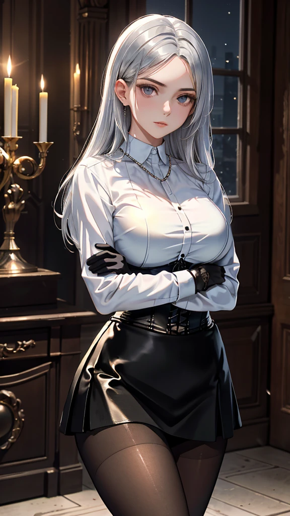 (Top resolution、Distinct_image)top-quality、(A woman) 、​masterpiece、highly detailed, half body, Semi-realistic、 ( purple eyes ) 、25year old,
 ( silver hair ) ,young 、Exquisite facial features、Facial features ,variation potrait, long  hair  , teenage, cool , cold sharp eyes, , {Very detailed 8k CG unit wallpaper}, students,   office uniform,White shirt,black skirt, office girl, plump body, big breasts 