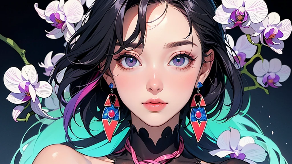 Small breasts, Expose your shoulders, short hair, Brown Hair, colored feather, metal ornaments, colored Flowers, particle, Light, (masterpiece, Highest quality, Official Art, beautifully、beautiful: 1.2), (1 person: 1.3), Very detailed, (Fractal Art: 1.1), (Black gradient: 1.1) (Flowers: 1.3), Best details, (Tangled: 1.2), (Dynamic pose), (Abstract background: 1.3) , (Glowing Skin), (Black gradient: 1.4), (Earrings: 1.4), (feather: 1.4)、((White Background))、((Blank Background))、