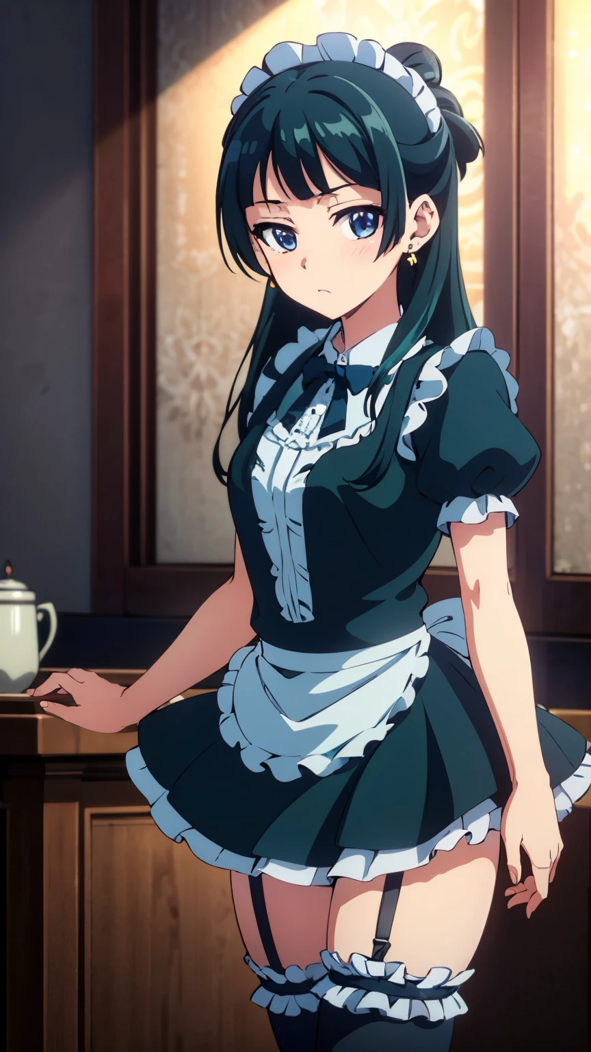 Top quality (8k, high resolution, masterpiece: 1.2), super detailed, anime art style, dynamic angle, (nffsw, maid uniform, frills, headband, miniskirt, frills, garter belt, coffee shop, blushing), detailed green hair, detailed blue eyes, intricate hairstyle, long hair, slim body, perfect eyes, youthful, hair accessories, earrings, half-updo, slightly dull bangs, detailed lighting, bright colors, looking at the viewer, in the center of the image, (cowboy shot:1.3),