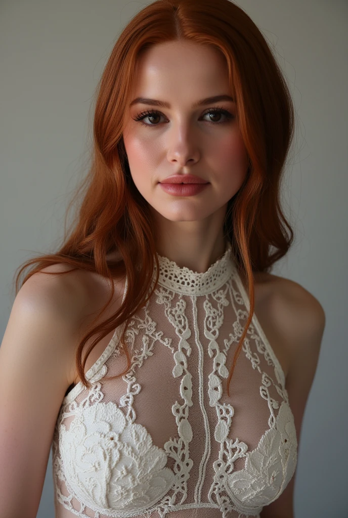 1 stunning gorgeous woman young girl, red-haired woman, with light freckles on her cheeks, beautiful, Beautiful Best Quality, natural white light, Ultra-detailed, Solo, medium breast. human skin texture, ultra-Highres, best shadows, raw, he is dressed in sexy lingerie, Perfect instagram photo, realistic, photo taken on a white background, you can see the whole body, standing