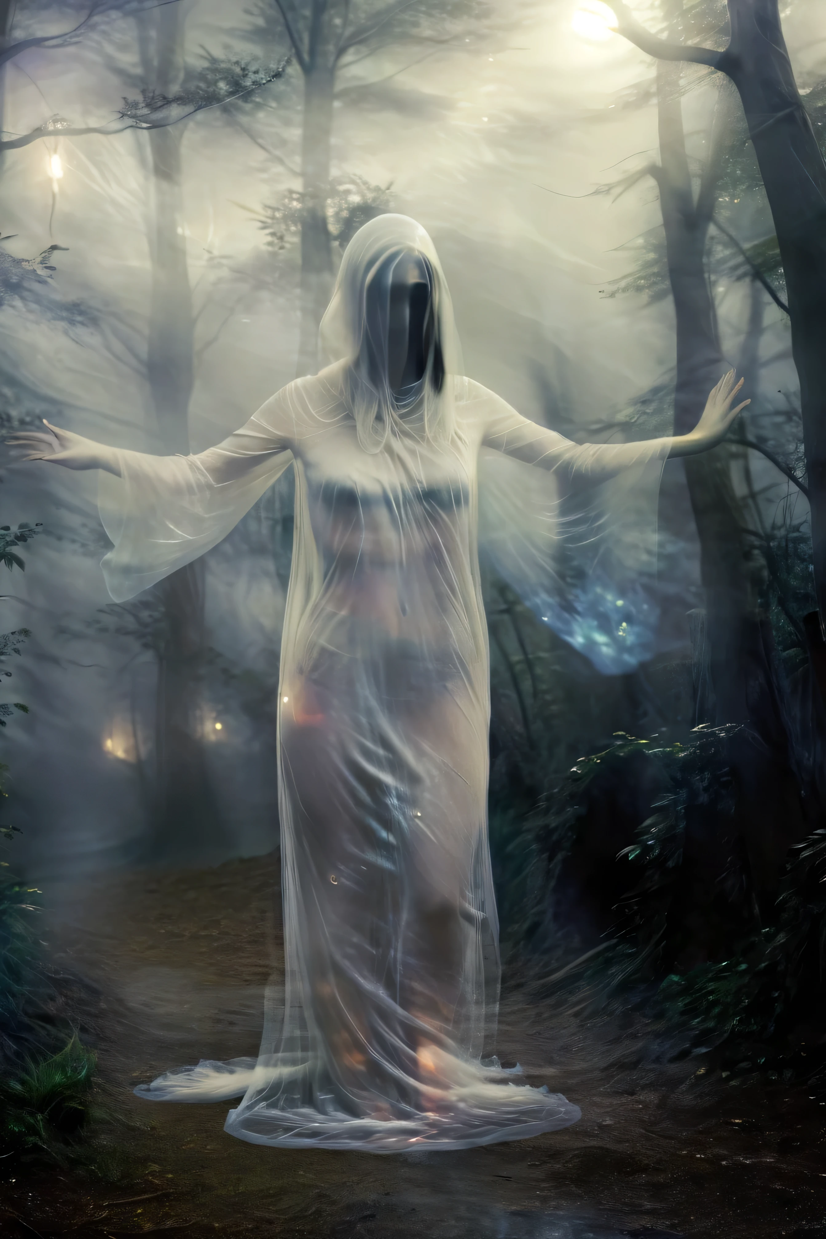 (masterpiece), (8k), (best quality), (sublime), a Ghost, haunting, ethereal, fey, a celestial organism, liminal, death, alive again, wispy, transparent, sentient, pale, blank face, black inside hood, arms up, feminine, body stretched elongated bending and poised, silvery smoke, wispy strands of moon silver, translucent silk, opalescent sky, elongated, poise, exuding enchanting glow, emanating an aura, delicacy, youth, moonlight, night, pure magic, in a dark foggy enchanted Forest (celestial), (lighting), (evocative), (surreal), (unreal), (strange)