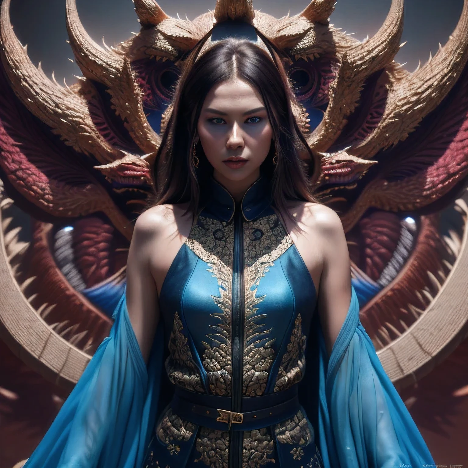 Woman flying golden dragon