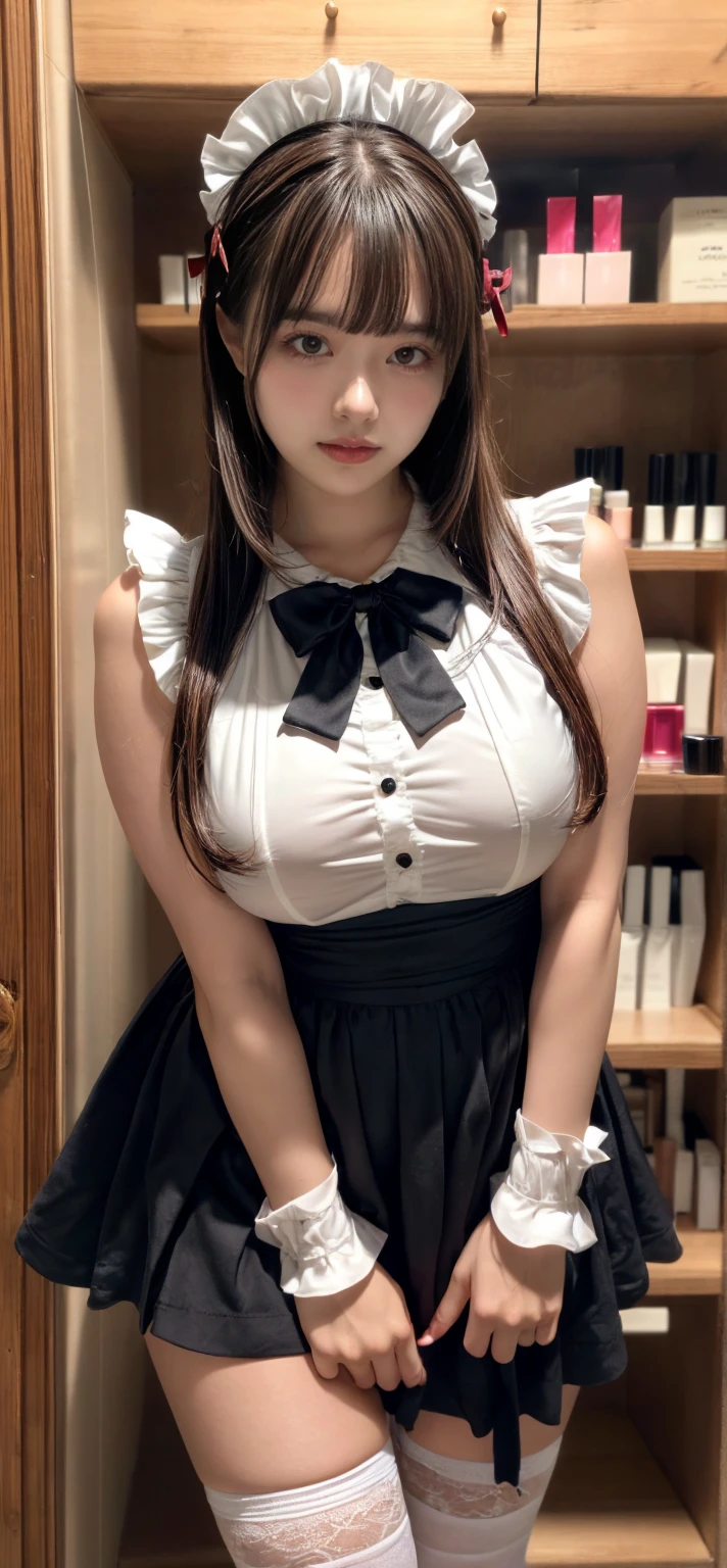 Masterpiece、masterpiece、1 girl per 1 photo、cowboy shot、Straight front view、japanes、Very young pretty woman、The cutest girl in the world、12year old、large full breasts、cleavage of the breast、Wearing a cute black maid outfit with short sleeves silky satin、Ultra-detailed costumes、(skirt rift:1.3)、(Lift up the hem of your skirt and show me your panties:1.4)、Lace panties、Smiling in a café、Headdress with black ribbon、scrunchie、a black choker、Glamorous figure、hyper cute face、shiny lip、Double eyelids in both eyes、 natural make up、long eyeslashes、Shiny smooth light brown hair、short twin tail hair、asymmetrical bangs、image in center、8K分辨率、high détails、Detailed hairstyles、A detailed face、spectacular movie lighting、octane renderings、with a vibrant、Ultra-realistic、Perfect limbs、perfect anatomia