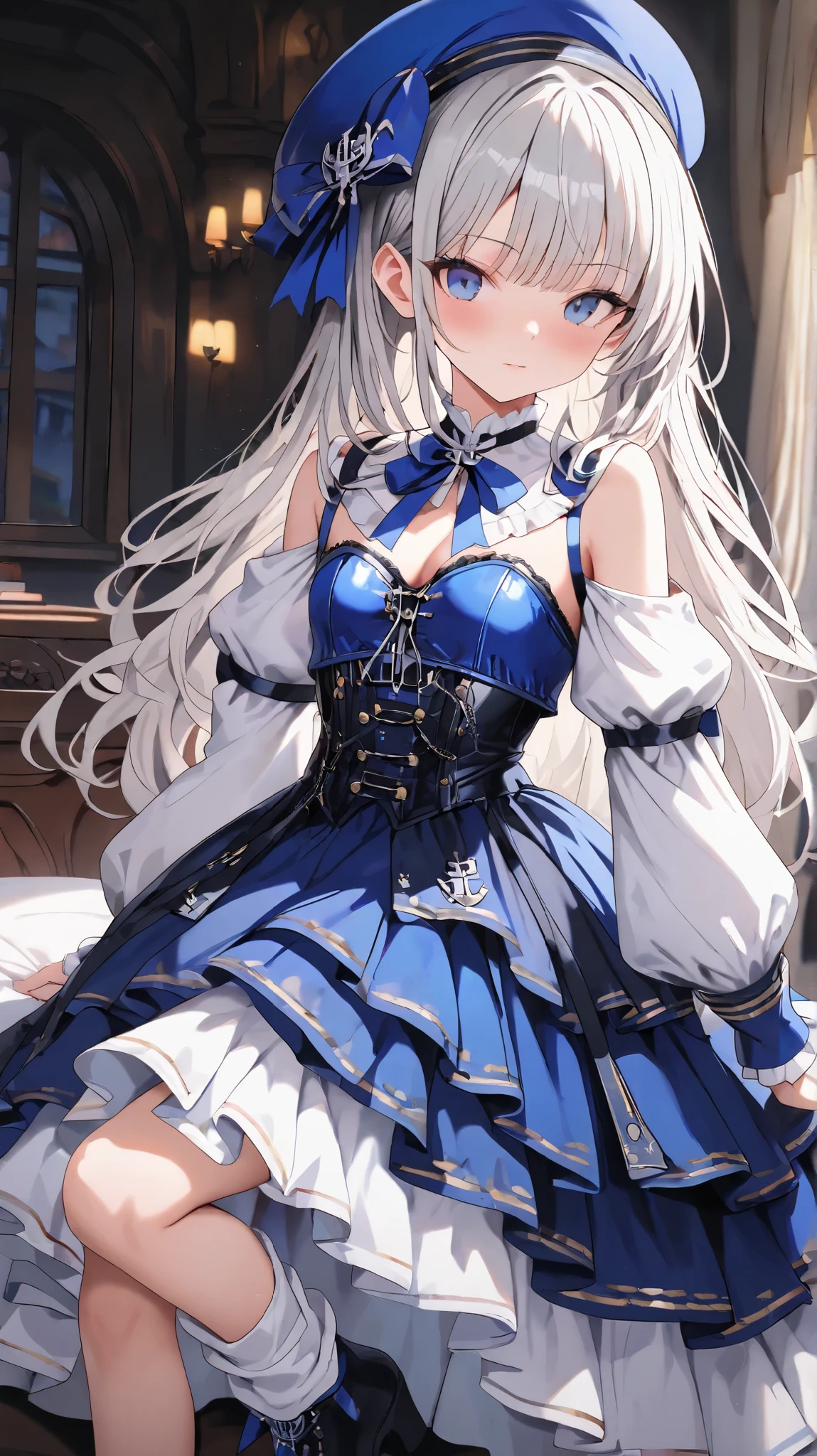 ((4k、8k、top-quality、perfect fingers: 1.3、perfect anatomia: 1.3、Background blur))、(Transformation Sequence)、((a beautiful slender girl、blush confused、cat ear、cute big droopy eyes、Two side up straight long hair、12-year-old girl、small tits))、((blue butler style leotard:1.1、corsets、long-sleeve、decorative headband))、(highleg)、Standing、Full body display、House of the nobility、