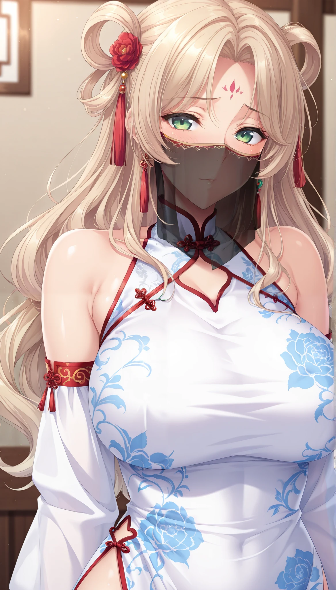 masterpiece, best quality, good quality, 1girl, blonde_hair, long_hair, wavy hair, parted to side, green eyes, medium breast, slim, mature, game cg style,blush, horny, slutty, moan, white dress, chinese clothes, mouth veil, jewelry, detached sleeves, bare shoulders, forehead mark, hair rings, hair ornament