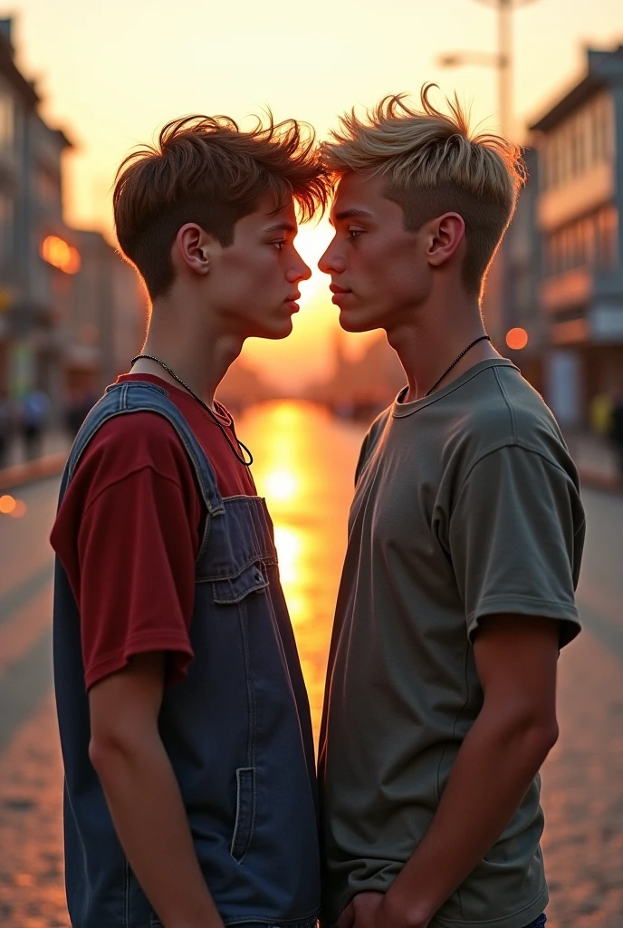 Two teenage boys kissing