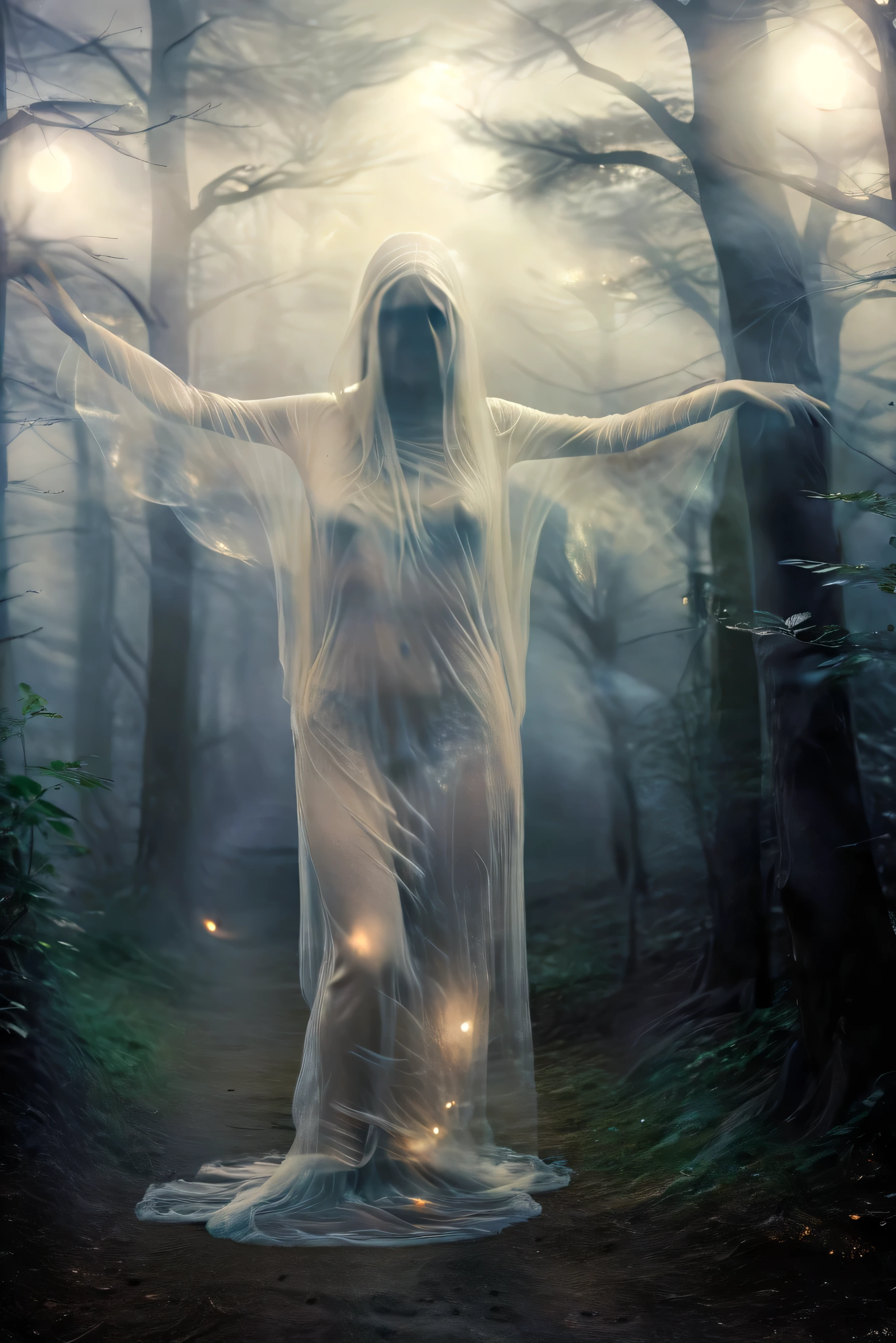(masterpiece), (8k), (best quality), (sublime), a Ghost, haunting, ethereal, fey, a celestial organism, liminal, death, alive again, wispy, transparent, sentient, pale, blank face, black inside hood, arms up, feminine, body stretched elongated bending and poised, silvery smoke, wispy strands of moon silver, translucent silk, opalescent sky, elongated, poise, exuding enchanting glow, emanating an aura, delicacy, youth, moonlight, night, pure magic, in a dark foggy enchanted Forest (celestial), (lighting), (evocative), (surreal), (unreal), (strange)