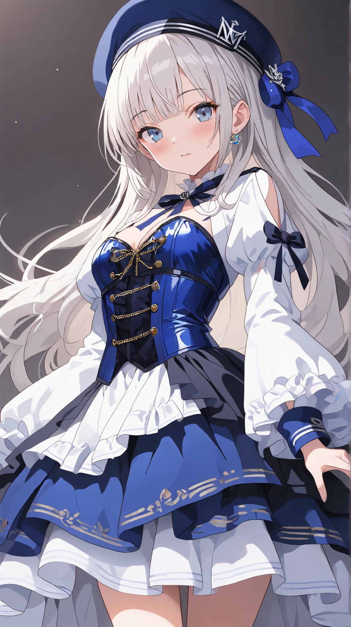 lexington \(warship girls r\),((masterpiece)),(((best quality))),((ultra-detailed)),((illustration)),((disheveled hair)),((frills)),(1 girl),(solo),1girl,masterpiece, (8k, best quality, masterpiece:1.2),highly detailed,ultra-detailed,masterclass,best quality,illustration,hair_between_eyes,perfect lighting,blue butterfly hair ornament,((Flaxen hair)),long hair,(dark blue high-heeled shoes,dark blue long dress,dark blue choker,dark blue bow veil,tiara, blue eyes)realistic,Blue eyes with highlights,flaxen long hair(delicate eyes),