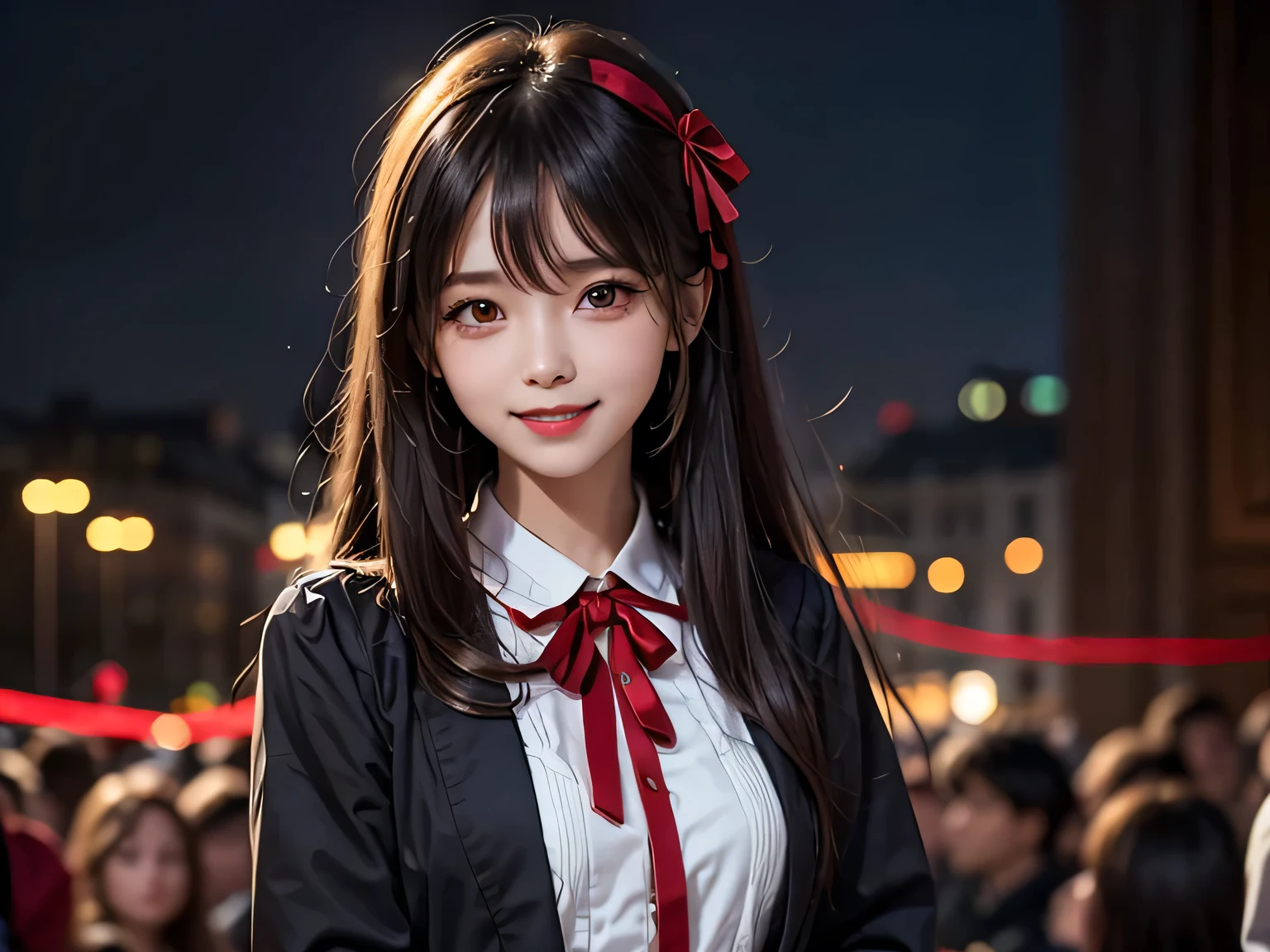 (Very exquisite and beautiful: 1.2), 1 girl, bangs, blurry background, ribbon, black hair, facing forward, hair between eyes, droopy eyes, hair ribbon, light particles, long sleeves, looking at the audience, medium-length hair, night, red ribbon, upper body, smiling, red lips