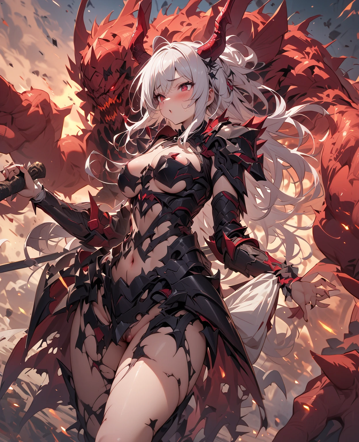 dragon woman, erotic revealing clothes. arrogant look, red vertical pupils.