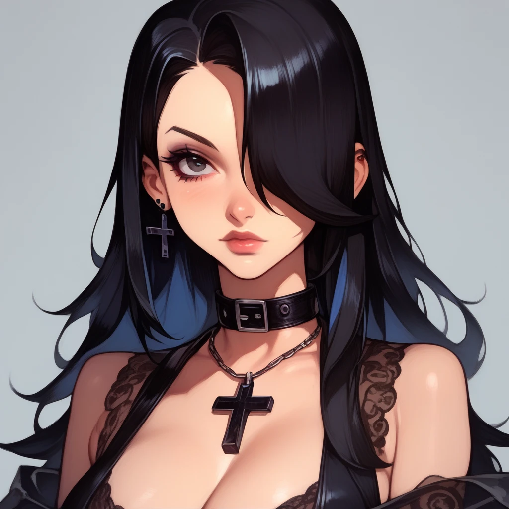 prompt a woman who has black hair and with the initial p on her chest