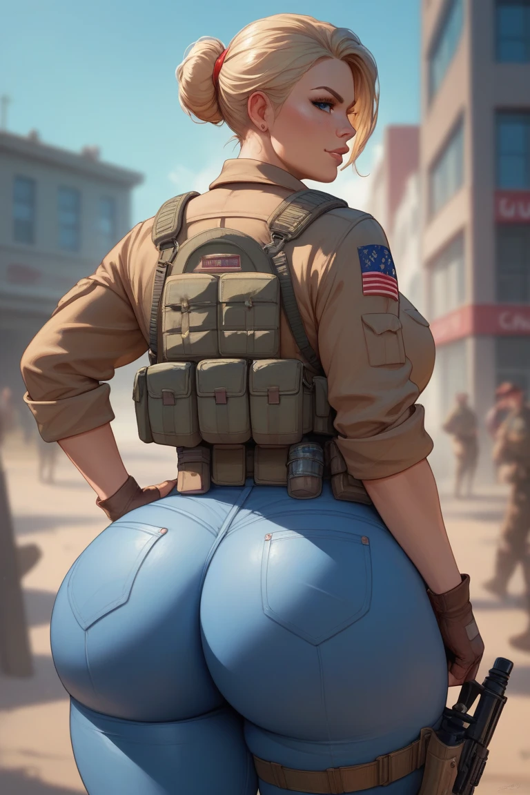 POV: ((((Huge gigantic ass)))) red hair, detailed military tactical gear and goggles, lace panties, skinny, slim thick, small waist, 8k, UHD, (curvy accentuated and lifted booty), cherry blossoms and butterflies blowing in the wind, post apocalyptic background