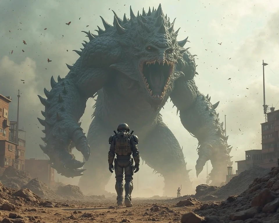 two warriors silhouettes standing in front of a massive Cerberus aggressively standing 100feet tall, located in a battlefield , concept art wallpaper 4k, sci-fi fantasy wallpaper, sci fi artwork, detailed sci-fi art, beautiful sci fi art, spaceships in the cloudy sky, concept art artwork masterpiece, concept art 4k, concept art 4 k, sci fi concept art, mystical sci-fi concept art, fire, explosions, debris, dirty