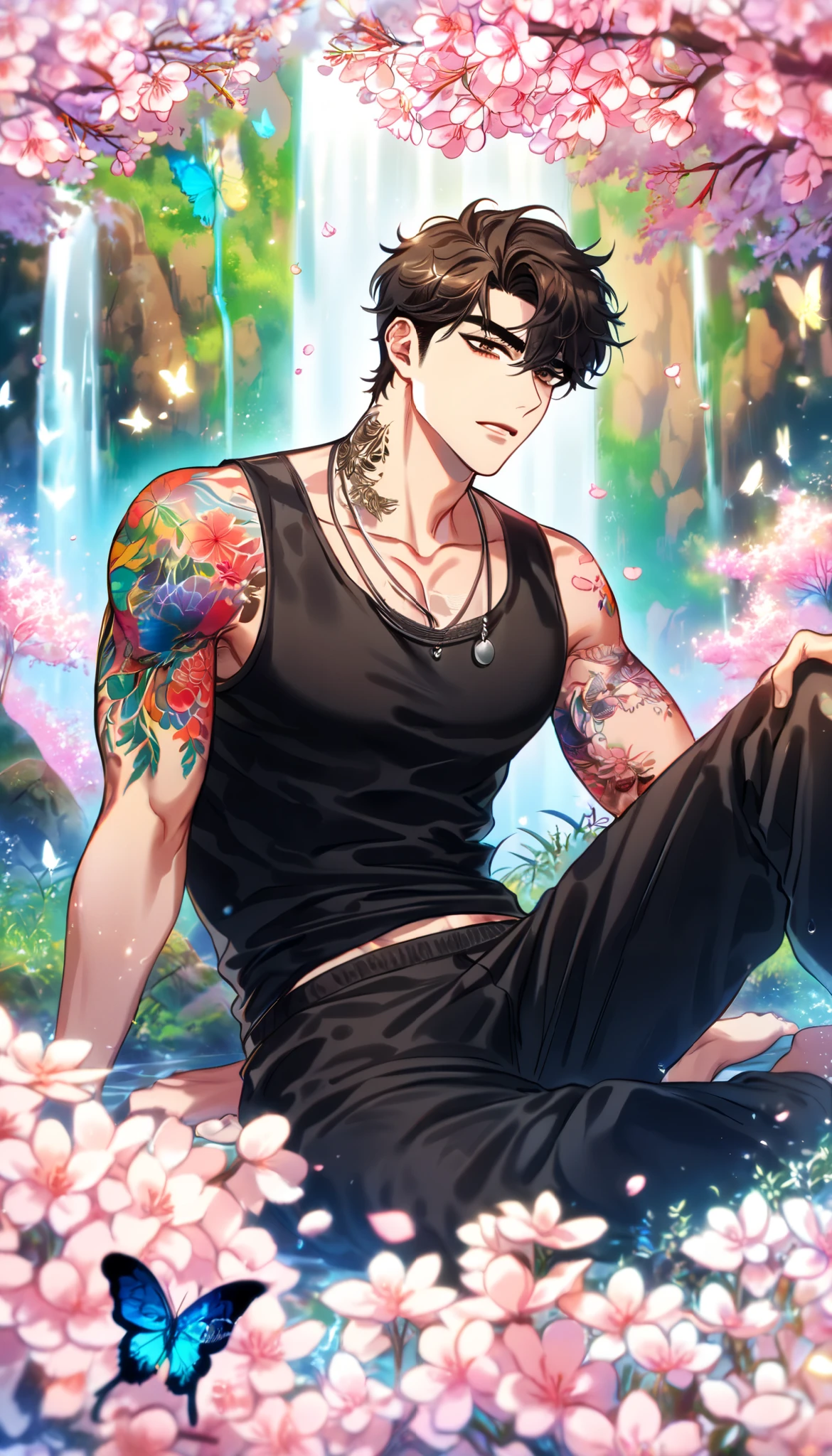 absurdres, highres, ultra detailed, HDR, master piece, best quality, detailed eyes, delicated features, Manhwa Style, Yoo Joonghyuk, ((brown hair, expressive dark brown eyes, colorful tattoos)), Omniscient Reader's Viewpoint, solo, sexy man, handsome, sensual, adult face, black tank top, necklace, black sweatpants, sitting, fantasy, magical, waterfall, rocks, butterflies, spring, cherry blossoms, flowers