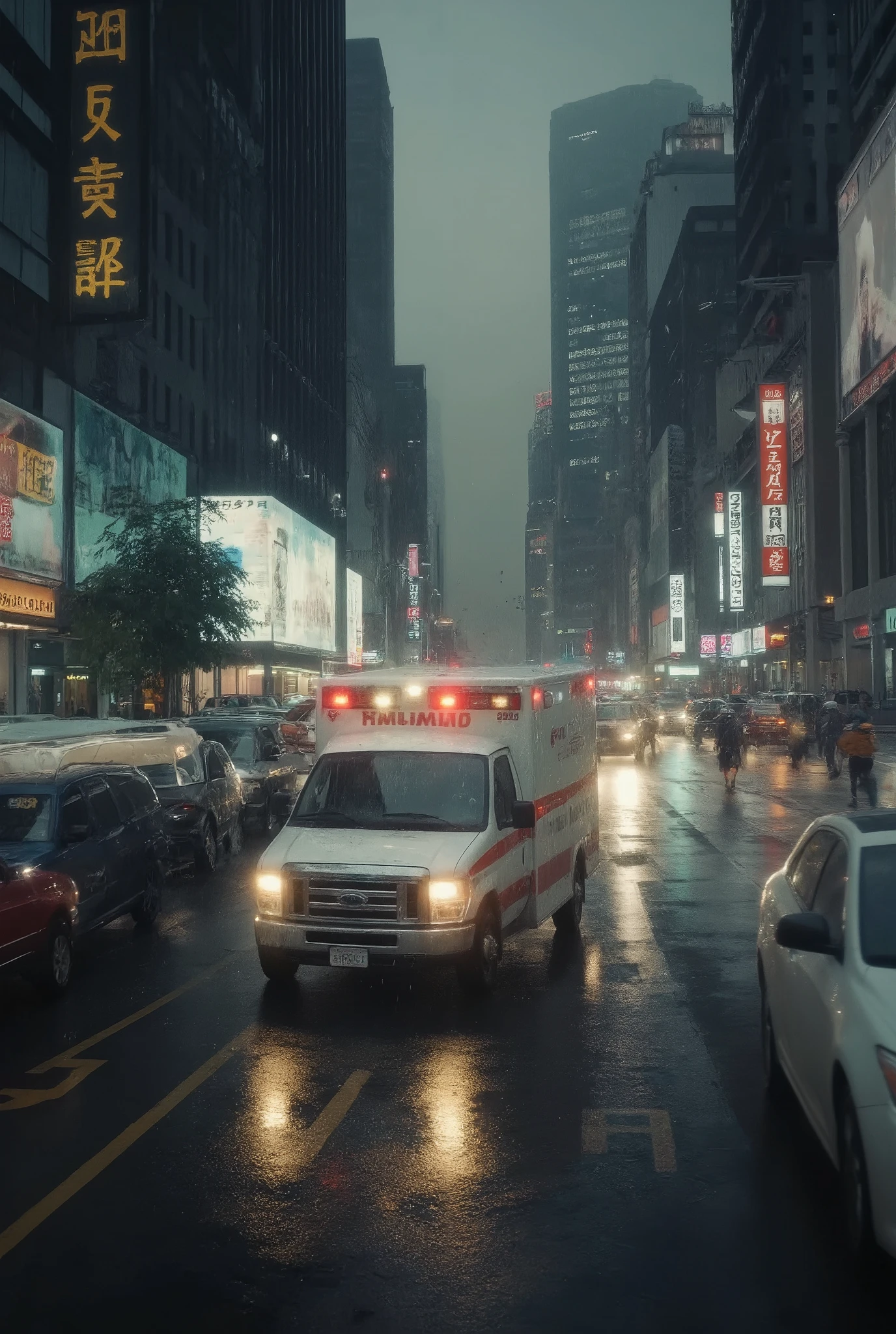 Ambulance Carrying Emergency Patients, Racing on Public Roads in Rainy Weather, Time Race for Moments, Time Battle to the Hospital, Heavy traffic jam, Rainy Day Expressway,
bird's eye view, A dynamic perspective that conveys the atmosphere of rain that splashes of water and a sense of tension,