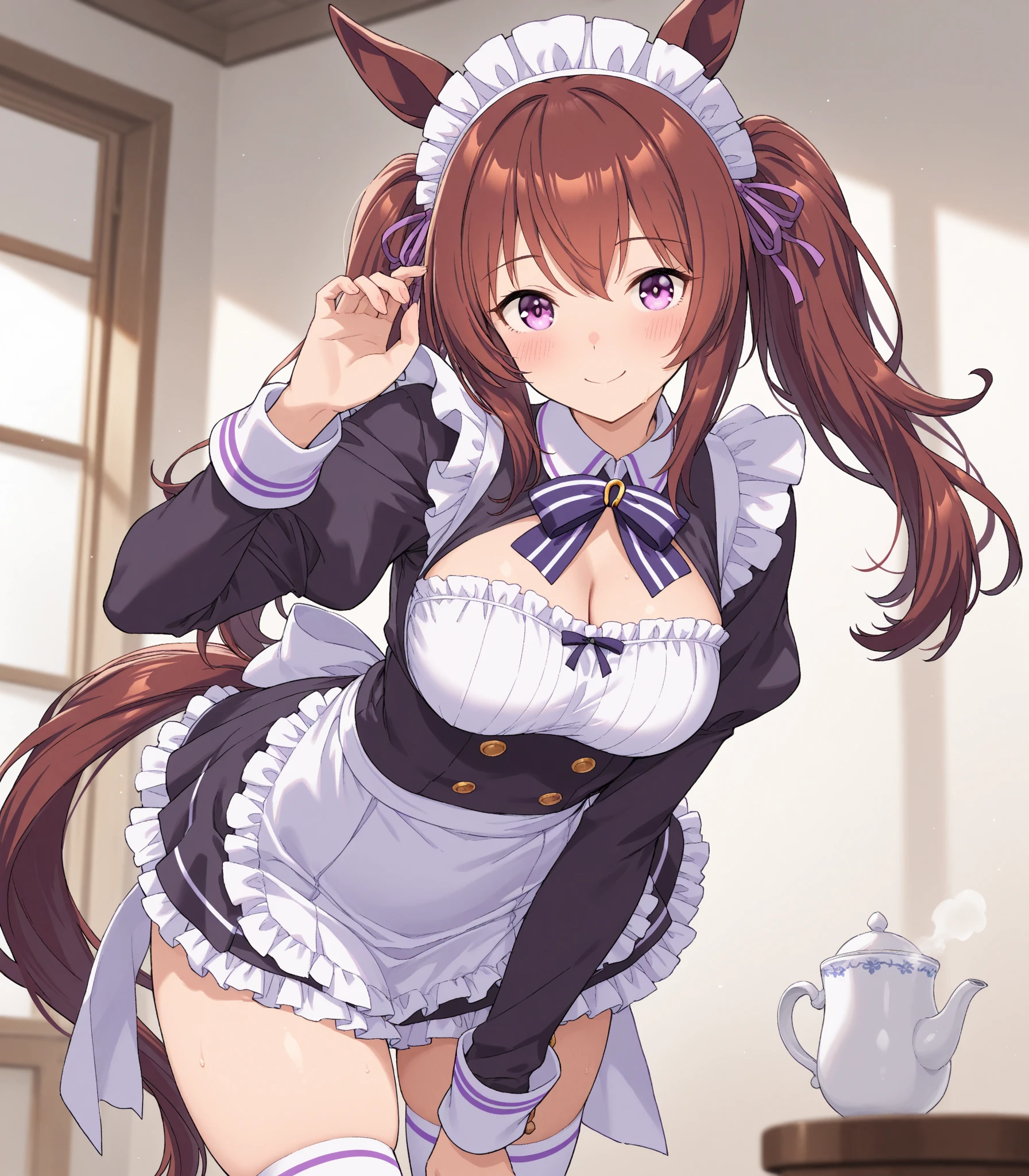 score_9, score_8_up, score_7_up, source_anime, BREAK 1girl, solo, ade, dark brown hair, long hair, hair between eyes, brown eyes, black playboy bunny, leotard, black pantyhose, huge breasts, cleavage, blush, naughty face, wide hips, contrapposto, indoors, white bow, wrist cuffs, detached collar, hairband, condom in cleavage, ass focus, from behind, from below, squatting