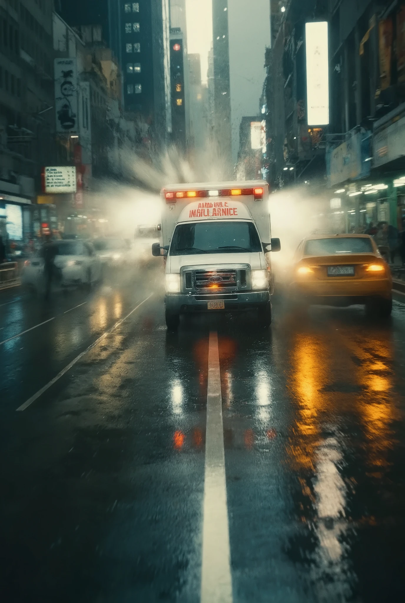 Ambulance Carrying Emergency Patients, Racing on Public Roads in Rainy Weather, Time Race for Moments, Time Battle to the Hospital, Heavy traffic jam, Rainy Day Expressway,
bird's eye view, A dynamic perspective that conveys the atmosphere of rain that splashes of water and a sense of tension,