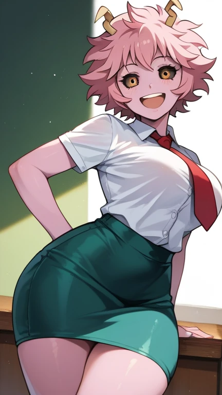 Japanese school Femboy, short hair, pink hair, short skirt, massive ass, massive dick, no underwear, no bra, small breasts, love heart eyes, showing her dick, smiling.