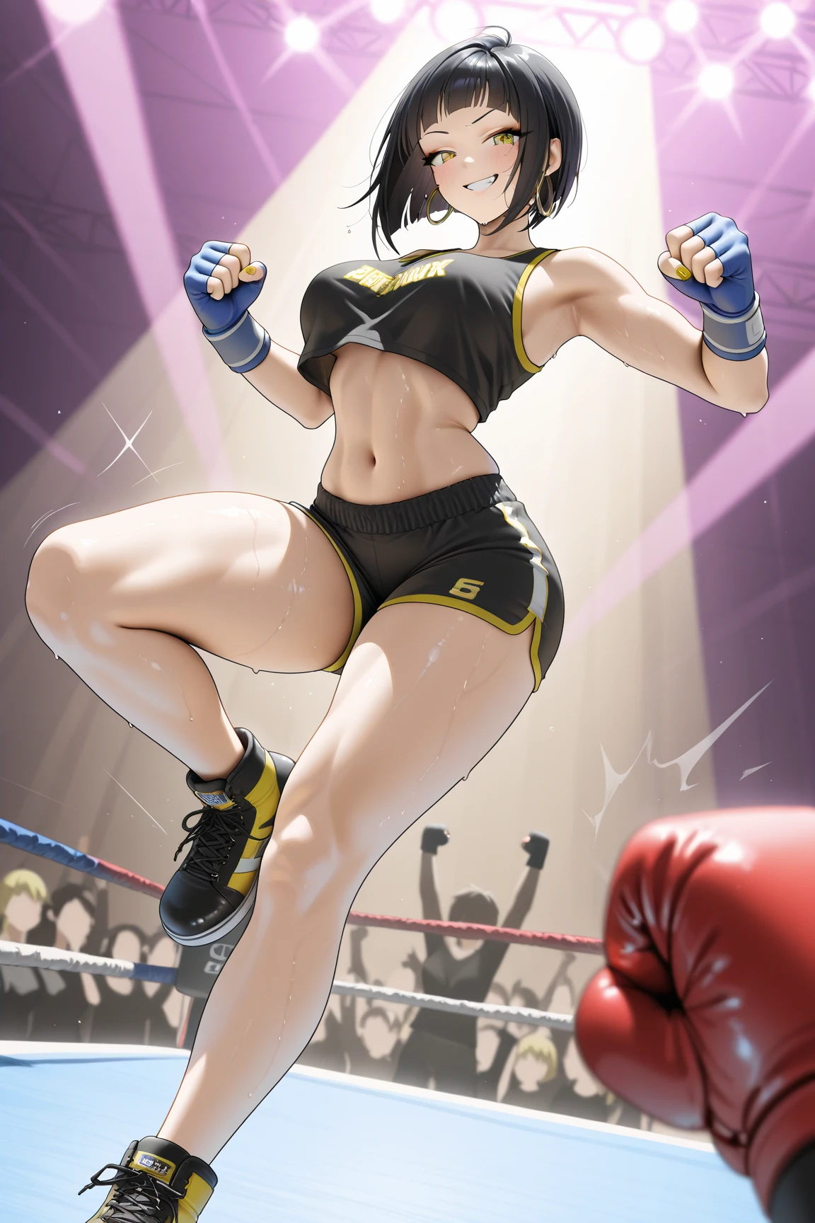 masterpiece, best quality, ultra high resolution, finely crafted, exquisitely detailed,  
Japanese Gal Style, Heisei-era gal, athletic and fierce,  
short bob, wavy black hair bouncing with movement, golden eyes locked in focus, confident smirk, slightly flushed cheeks from adrenaline,  
wearing a **stylish and slightly rebellious boxing outfit – cropped sports tank top with bold lettering, high-waisted compression shorts, hand wraps tightly secured, fingerless gloves, boxing shoes**,  
**decorated nails peeking through the gloves, oversized hoop earrings, sweat glistening under the lights**,  

**mid-action pose, dodging a punch with a swift sidestep, body slightly tilted, weight shifting dynamically**,  
**right fist clenched and ready, left arm extending in a perfectly-timed counterpunch**,  
sharp motion blur on her strike, shockwave and sweat particles flying, impact lines emphasizing speed and force,  
background: **a neon-lit underground boxing ring, flashing lights, roaring crowd, intense spotlights casting dramatic shadows**,  
strong backlighting, emphasizing her toned yet feminine physique, dynamic energy radiating from her every move,  
solo focus, no opponent visible, capturing the raw determination and fiery spirit of a gyaru who **never backs down!**  
