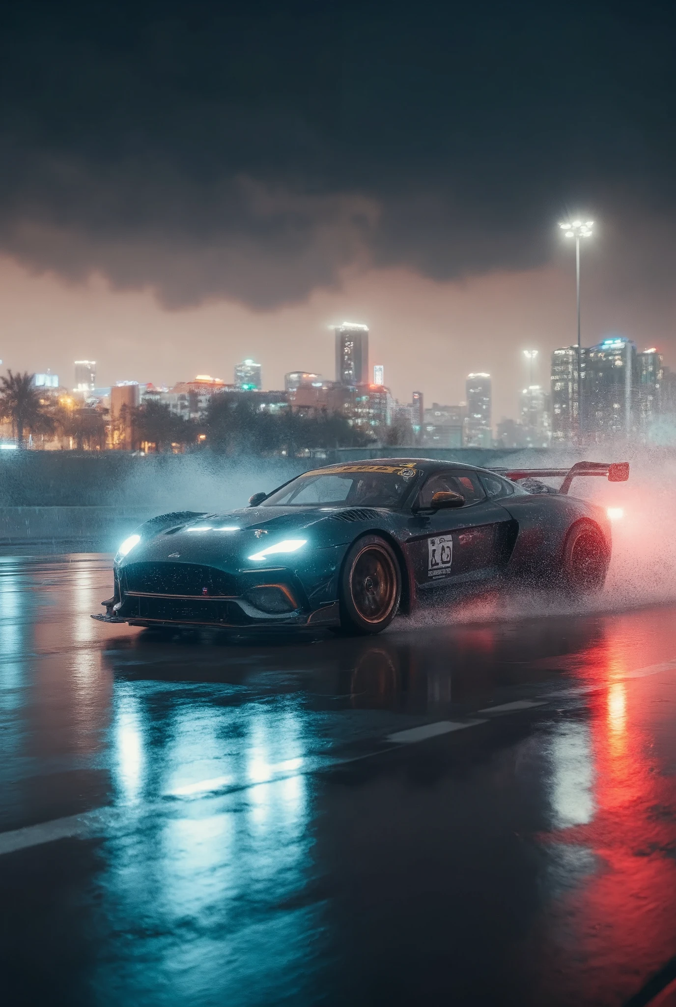 Racing car driven by a professional female racer \character "Atlas"\ A racing car driven by,
rainy highway racing battle, Night Racing on a Rainy Highwaya high-speed car racing on a rainy highway at night,
detailed sports car, dynamic motion blur, dramatic lighting, neon city skyline in the blur background,
wet road surface reflections, stormy cloudy sky, splash,
BREAK Masterful driving techniques, Scatter splashes of water with motion blur with a sense of speed,
digital painting, cinematic, photorealistic, 8k, HDR, physically-based rendering,vivid colors,masterpiece