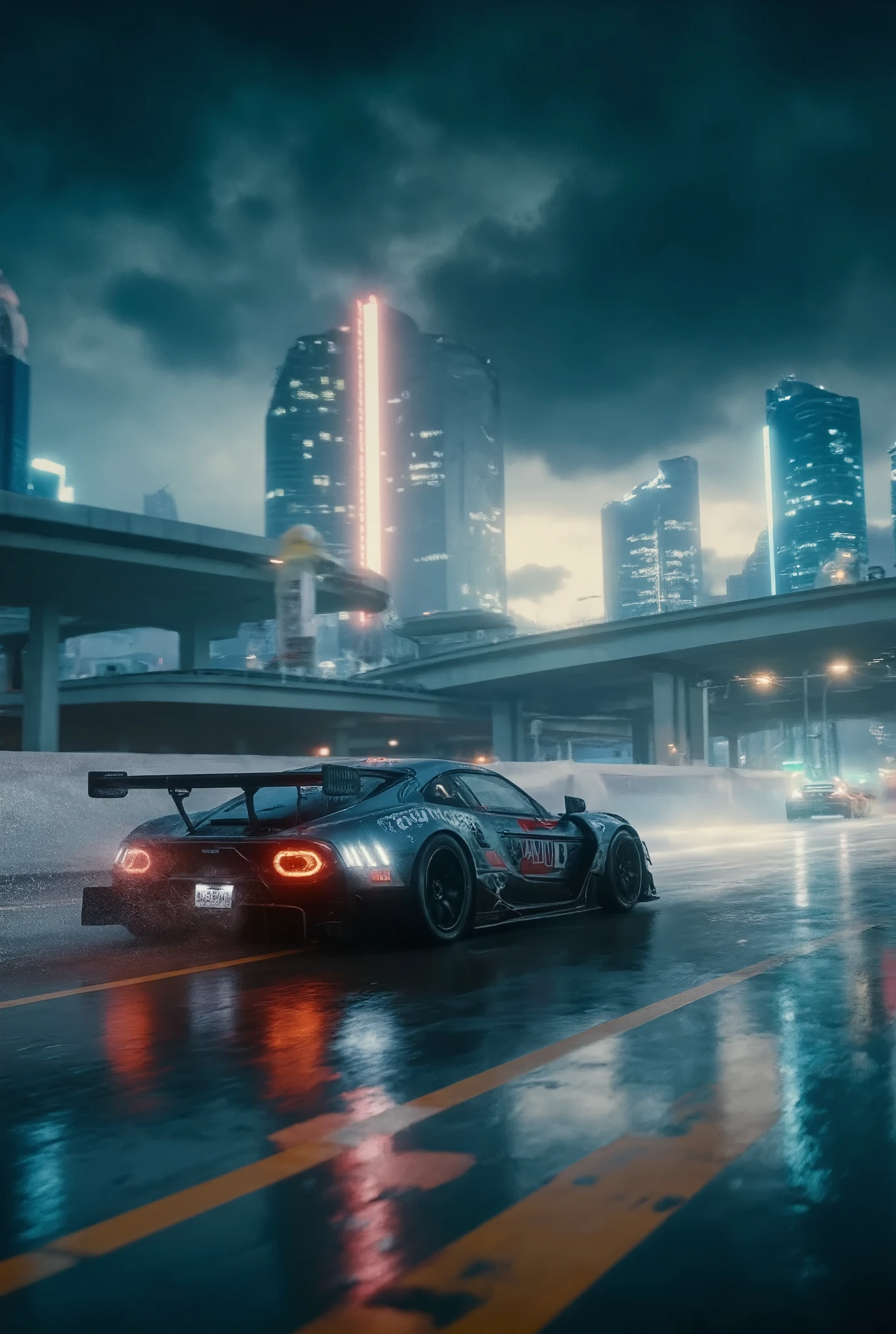 Racing car driven by a professional female racer \character "Atlas"\ A racing car driven by,
rainy highway racing battle, Night Racing on a Rainy Highwaya high-speed car racing on a rainy highway at night,
detailed sports car, dynamic motion blur, dramatic lighting, neon city skyline in the blur background,
wet road surface reflections, stormy cloudy sky, splash,
BREAK Masterful driving techniques, Scatter splashes of water with motion blur with a sense of speed,
digital painting, cinematic, photorealistic, 8k, HDR, physically-based rendering,vivid colors,masterpiece