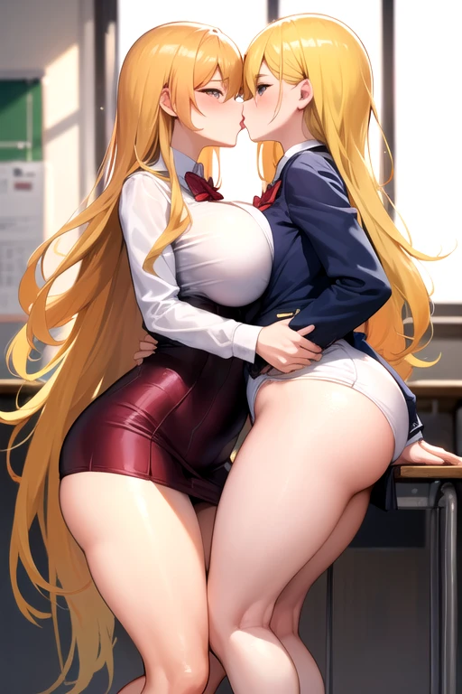 Lesbian (very long loose yellow hair)(big breasts, big thighs)(with school uniform clothes it is very tight) that he is kissing at school with his girlfriend,(big breasts, big thighs)lesbian love
