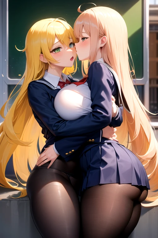 Lesbian (very long loose yellow hair)(big breasts, big thighs)(with school uniform clothes it is very tight) that he is kissing and touching his parts at school with his girlfriend(that they are in a very sexy and compromising position with their girlfriend(big breasts, big thighs)lesbian love