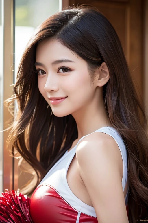 light brown, Shaggy, Medium Long Hair、Beautiful woman with white skin、gray-green eyes、Beautiful symmetrical face、Look closely at the camera、Listen carefully、Cute Smile、Long hair with movement、Hair between the eyes、 Beautiful 20 year old woman、Beautiful supermodel with a small face、Very tall supermodels、Long necked supermodel、Show off your beautiful décolletage、tilt your head slightly to the right、tilt the body slightly to the left、Very beautiful smile、Rainbow colored highly artistic fine technique brush paint background、Beautiful woman full of adult charm、((The whole body is visible))、I&#39;I at work、OL、Office Casual Suit Setup、Foliage plant、computer、Gray desk、Shiny short pencil skirt、Buttoned shirt in white collar、Close button、Accessories included、Adult female、((Shrapnel、Side Shot))、Laughter、