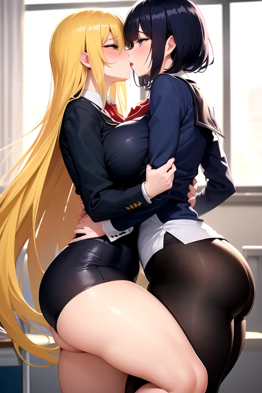 Lesbian (very long loose yellow hair)(big breasts, big thighs)(with  clothes it is very tight) that he is kissing at school with his girlfriend,(big breasts, big thighs)lesbian love