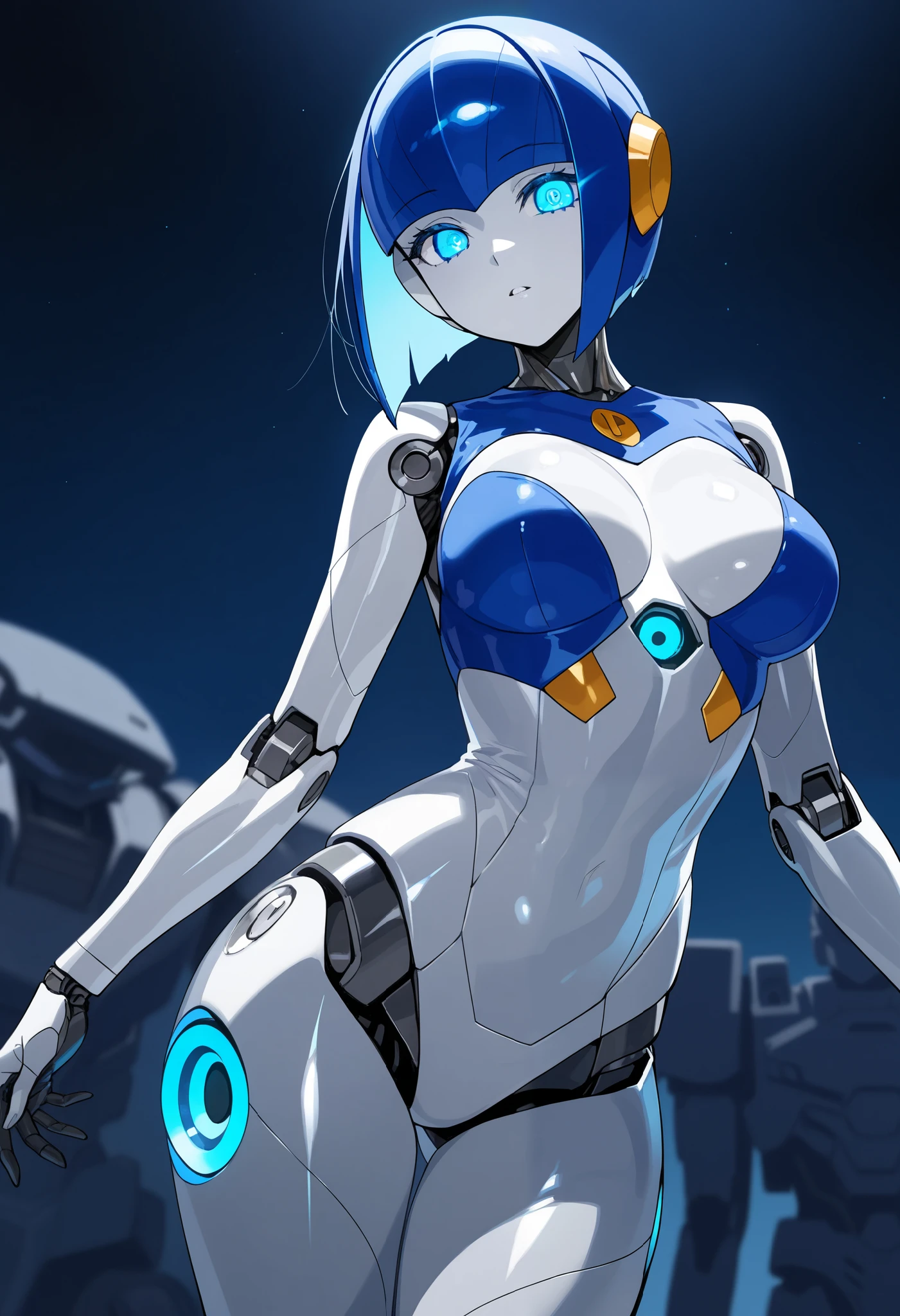 humanoid robot, 1futa, blue hair, long hair, chinese ethnicity, robotic joints, black robot,medium breasts, cleavage, pigtails, bangs, white and grey skin, blue eyes, outdoors, sunlight, day, skinny, lips, athletic, short, blushing, sexy robot girl, penis, flaccid, dominant,.horny, hasnt had sex in centuries, robotic legs and arms, bathing, girl, forest, long penis,