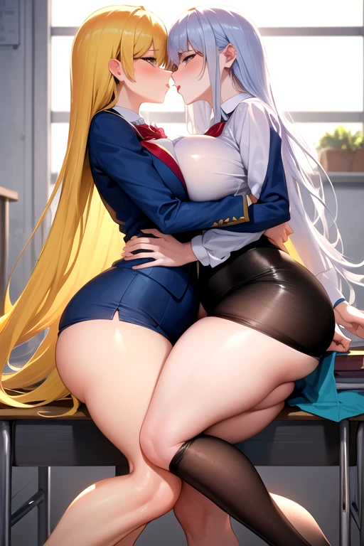 Lesbian (very long loose yellow hair)(big breasts, big thighs)(with  clothes it is very tight) that he is kissing at school with his girlfriend,(big breasts, big thighs)lesbian love