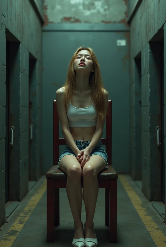 There's a woman sitting on the floor of a room, movie still of the alien girl, ainda de um filme live action, the anime girl is crouching, 2049, dramatic lighting; 4k 8k, Feral Languid Emma Roberts, cena do filme live action, filme ainda 8K, 8 k filme ainda, japanese live-action movie